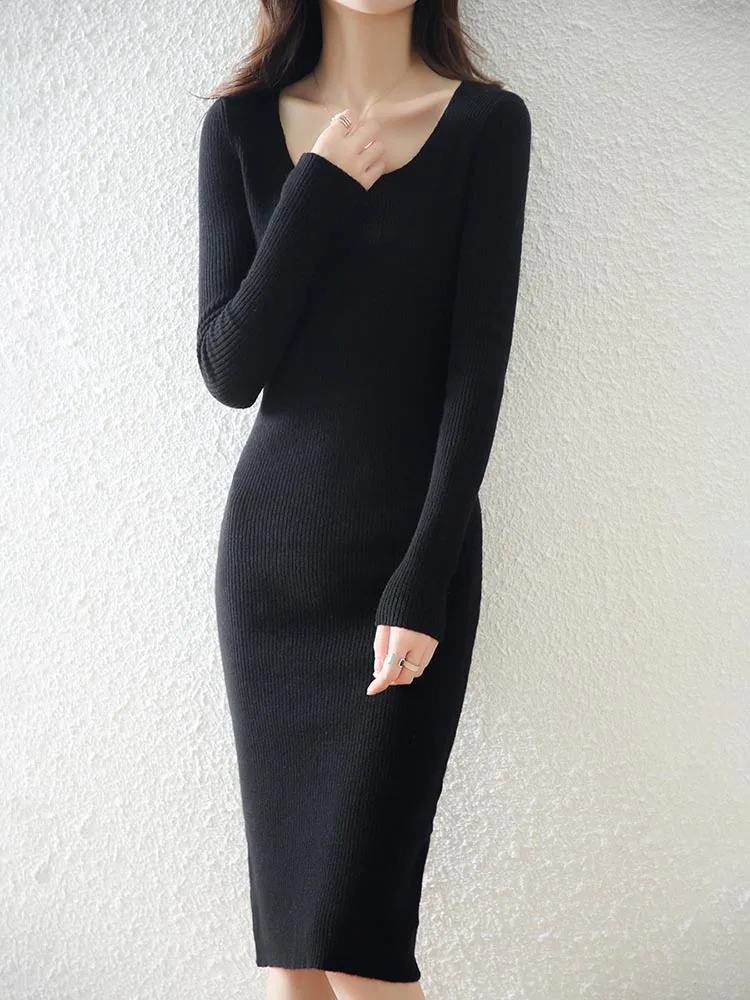 100% Pure Wool Knitted Dress Women U-Neck Slim-fit Mid-Length Skirt Casual High-Waist Pack Hip Pullover Sweater New Autumn Dress