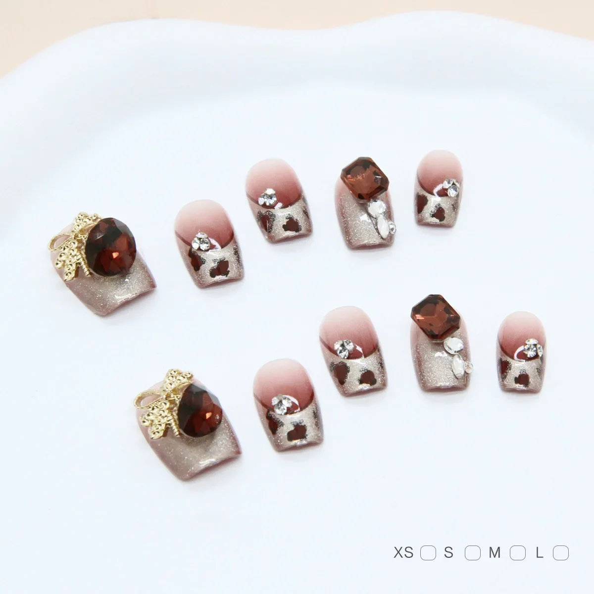 10Pcs French Cat Eye Acrylic Fake Nail Wearable Ladder Handmade Press on Nails Set Decorated with Crystal&Rhinestones Nail Tips