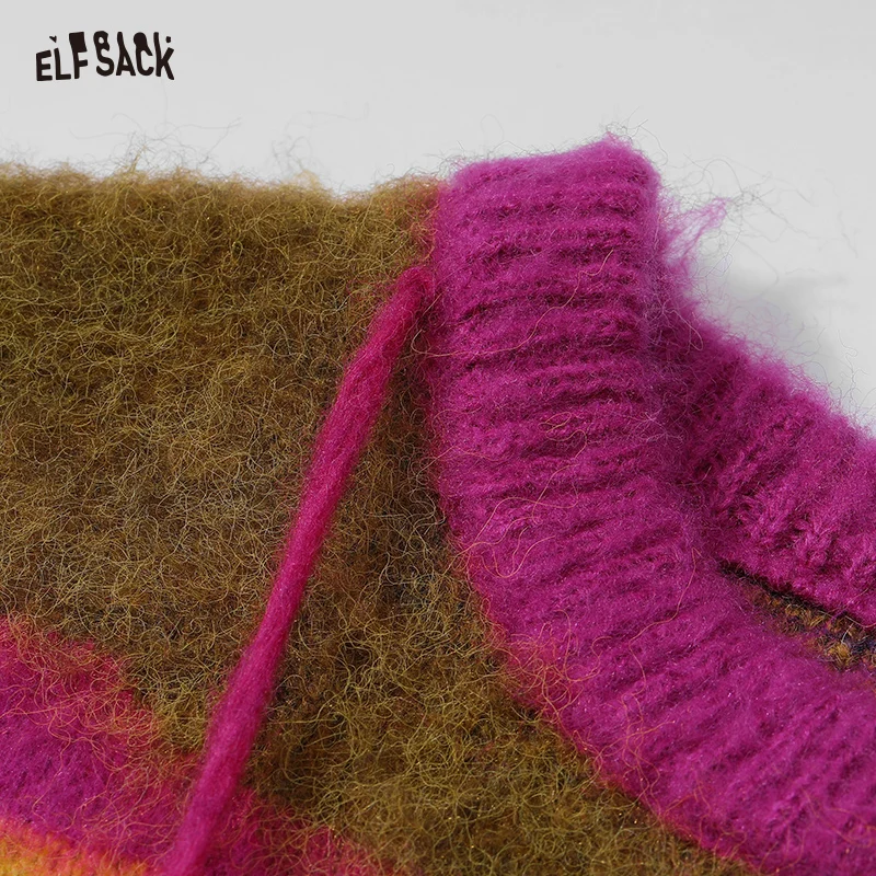 ELFSACK Free Scarf Rainbow Striped Sweater Women 2023 Winter New Korean Fashion Designer Tops