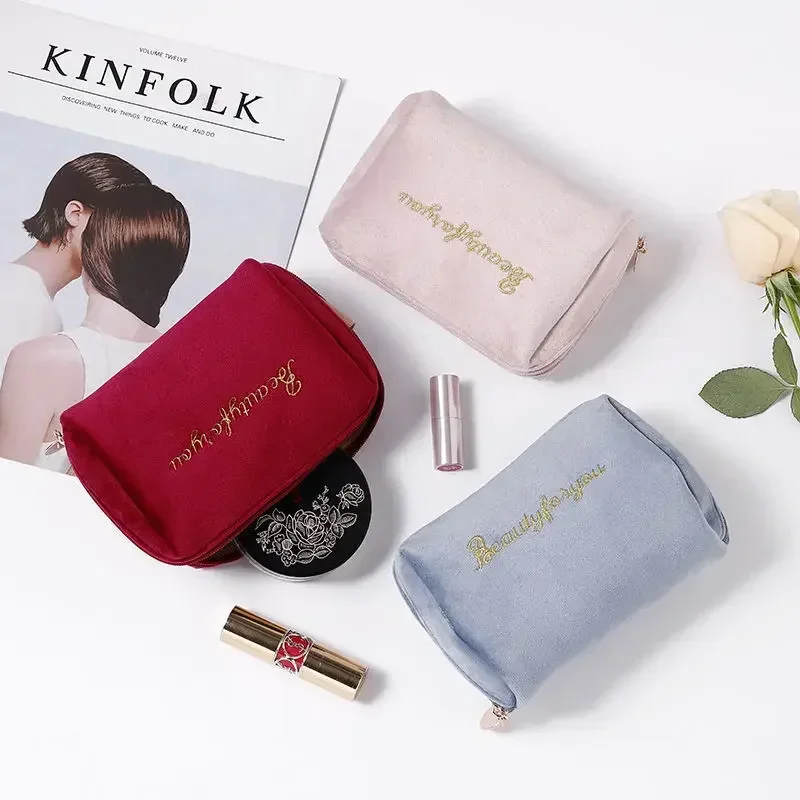 

1 Pc Women Zipper Velvet Make Up Bag Travel Large Cosmetic Bag for Makeup Solid Color Female Make Up Pouch Necessaries