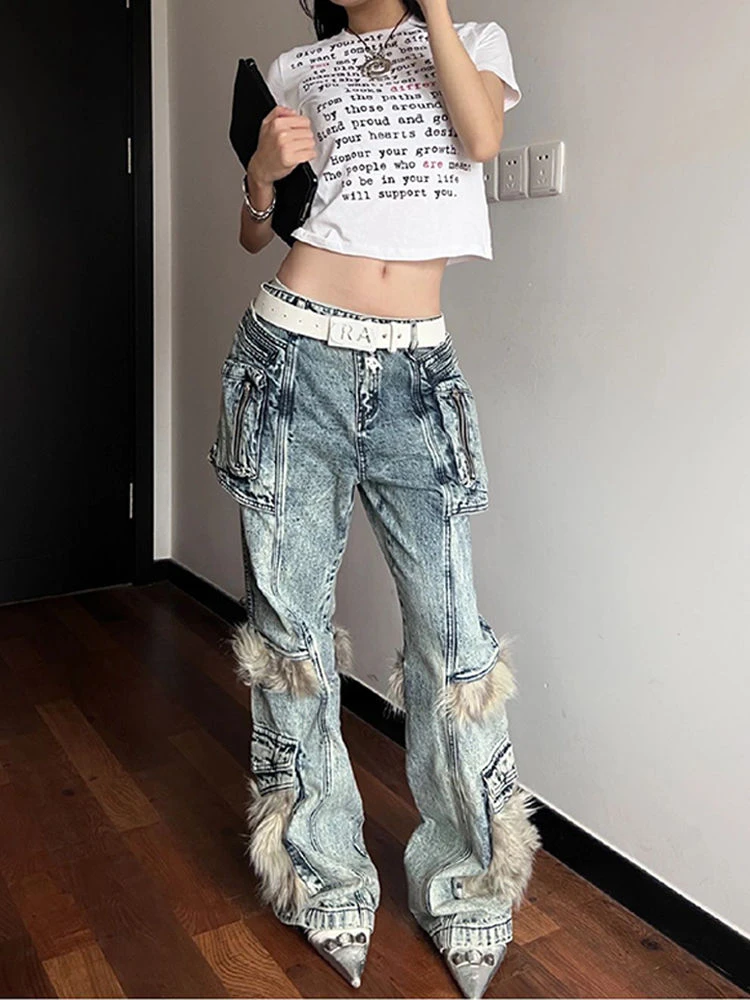 

Women's Plush Splicing Design Micro Flared Jeans Hiphop Cool Girl Autumn Trousers Casual Bottoms Female Street Cargo Denim Pants