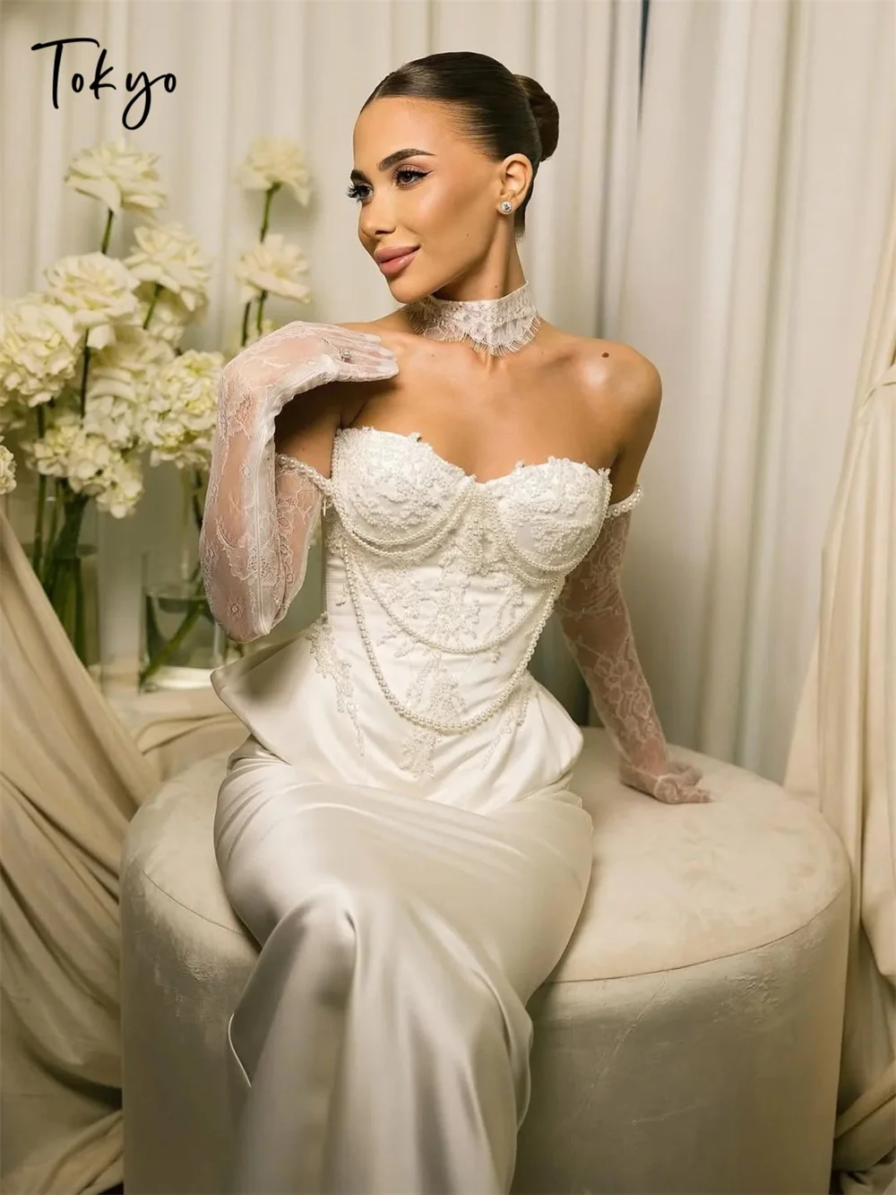 Tokyo Customized White Mermaid Wedding Dresses Off the Shoulder Long Sleeves Satin Bridal Gown Elegant Court Train Wedding Gown