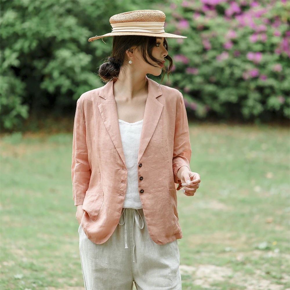 Ladies Linen Blazer Coat Summer Retro Loose Cardigan Tops Women Suit Outerwear Female Single Breasted Thin Breathable Jacket New