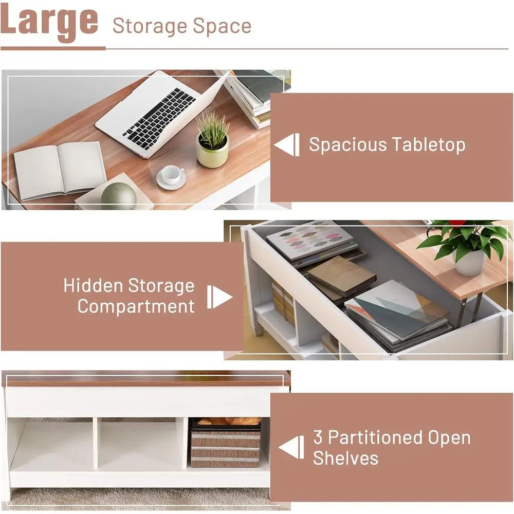 Hidden Storage Coffee Table with 3 Shelves, Rectangular Wood Legs for Living Room, White