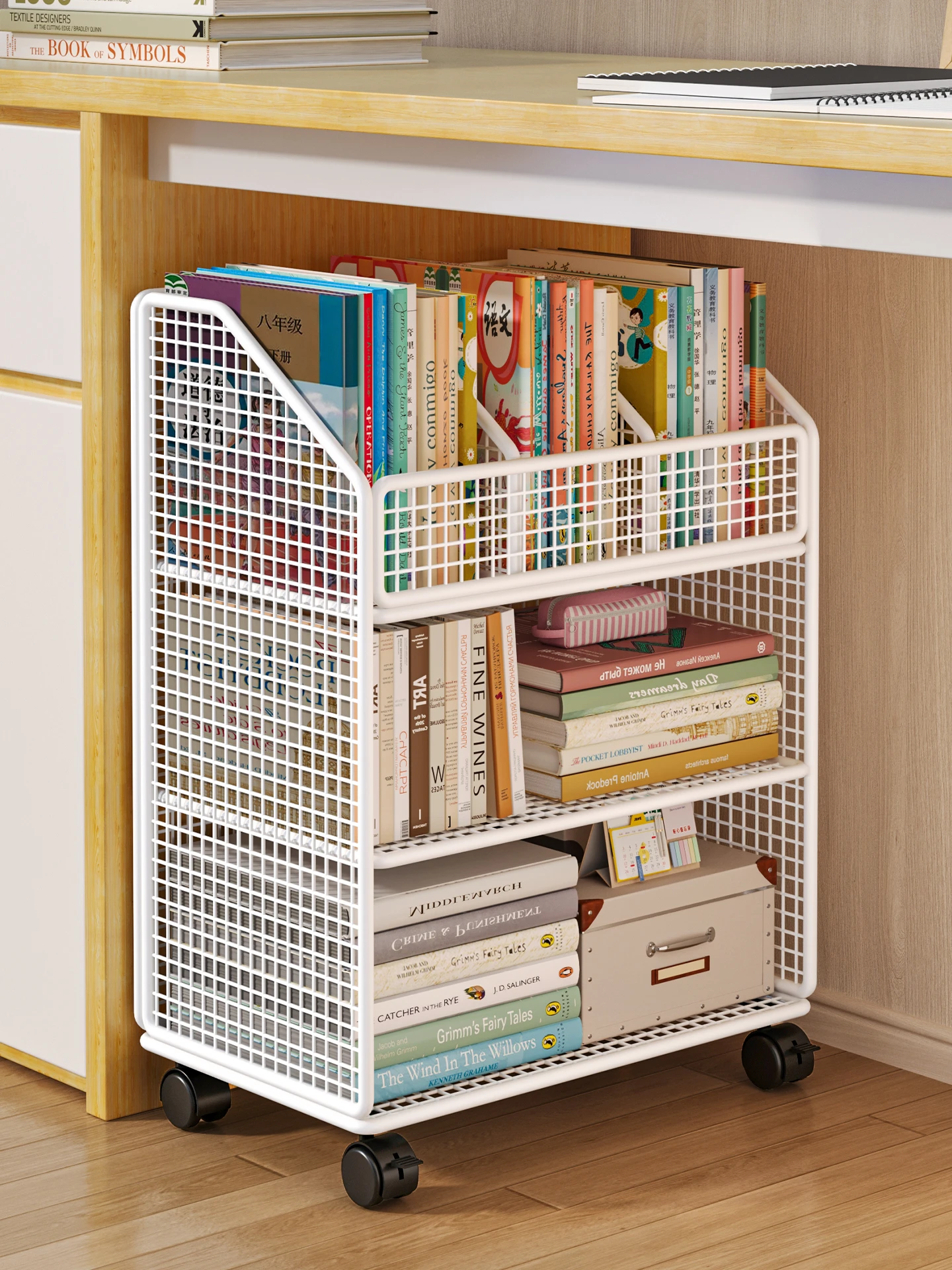 Mobile Bookshelf Standing Ground Storage Rack Student Book Stationery Organizer under Table Wheel Cart Storage Cabinet