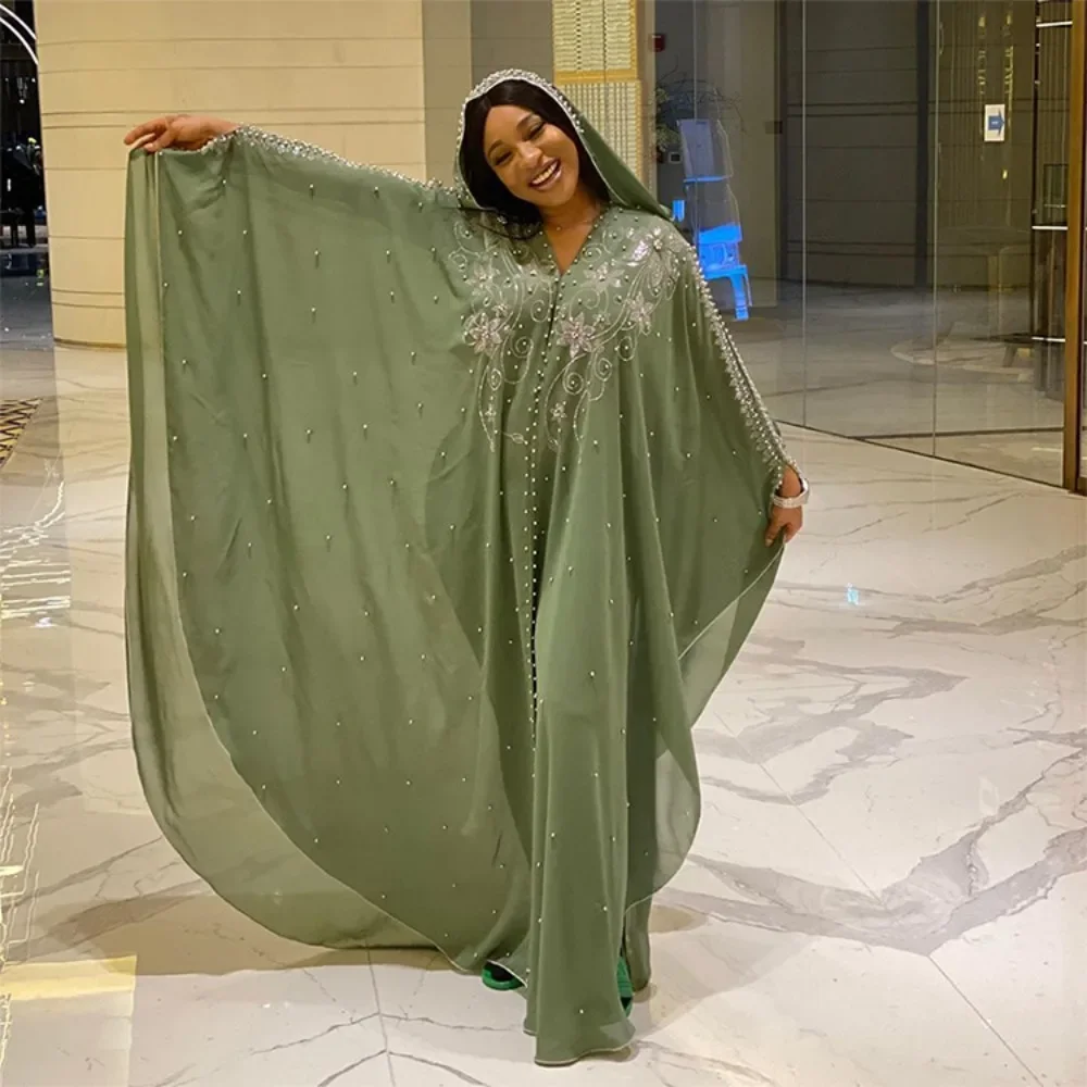 

Plus Size Muslim Lady Robes African High Quality Chiffon Fabric Sequin Pearl Maxi Dress Women Party Gown Eid Traditional Dresses