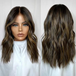 Natural Wave Dark Brunette Highlight Lace Front Wigs Synthetic Hair Chocolate Brown Lace Wigs Heat Resistant Fiber for Woman