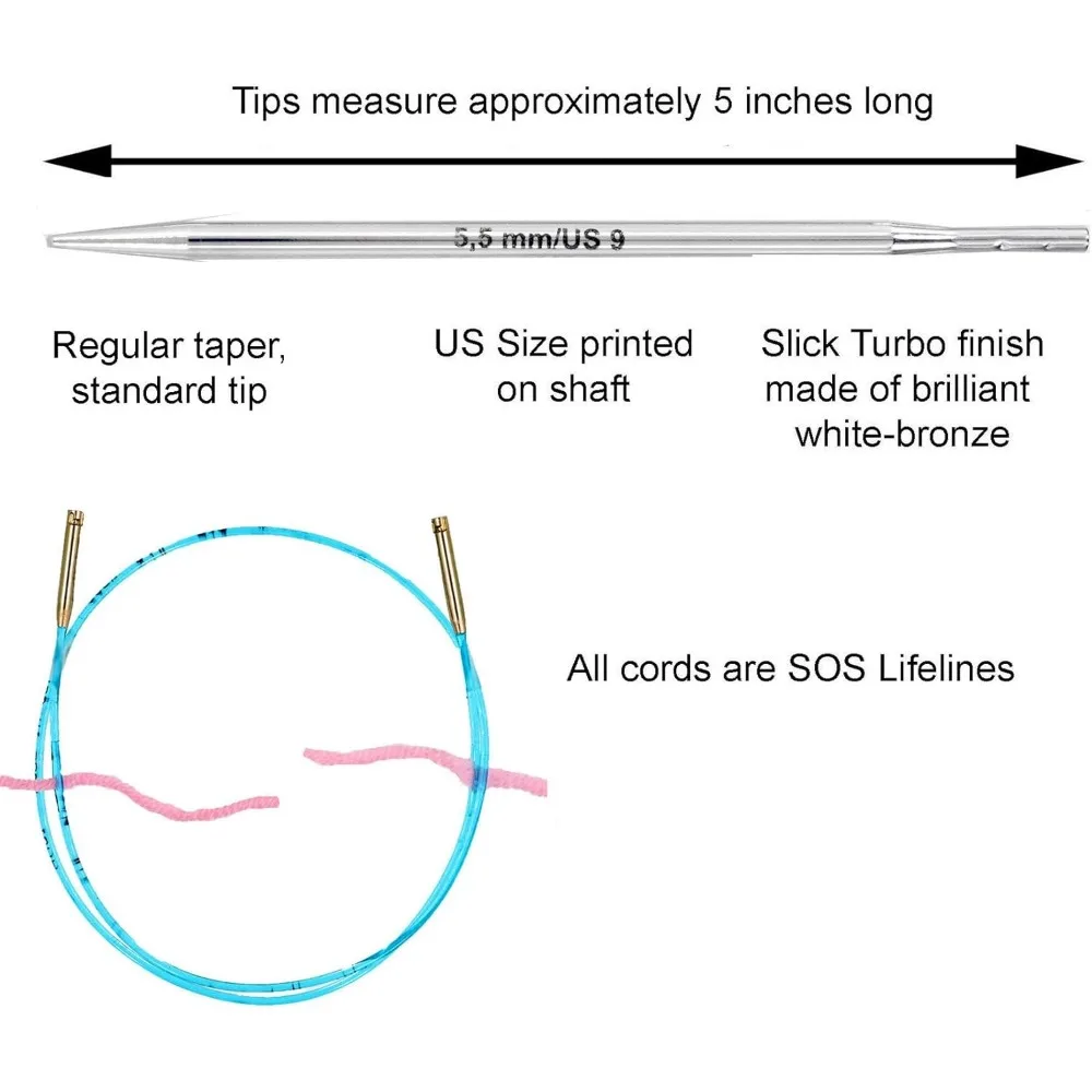 Click Turbo Basic 5-Inch Interchangeable Circular Knitting Needle Set Sizes with 3 Blue Cords, Black