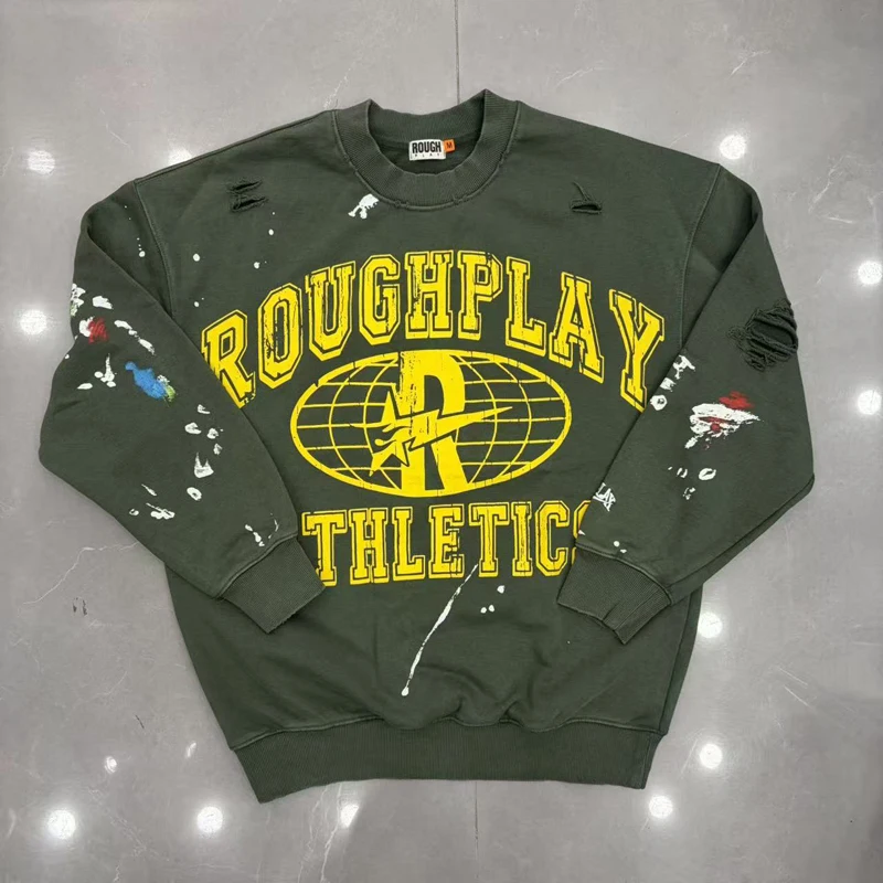 Streetwear Washed Vintage Destroyed Crewneck Rough Play Pullover Arm Splash Print Retro Letter Loose Oversize Man Sweatshirts