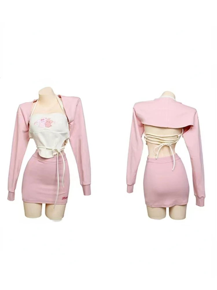 2024 Spring Kawaii Clothing Women Pink Cute Cardigan + Casual Slim Cartoon Print Vest + Y2k Mini Skirt Japanses Sweet Skirt Suit