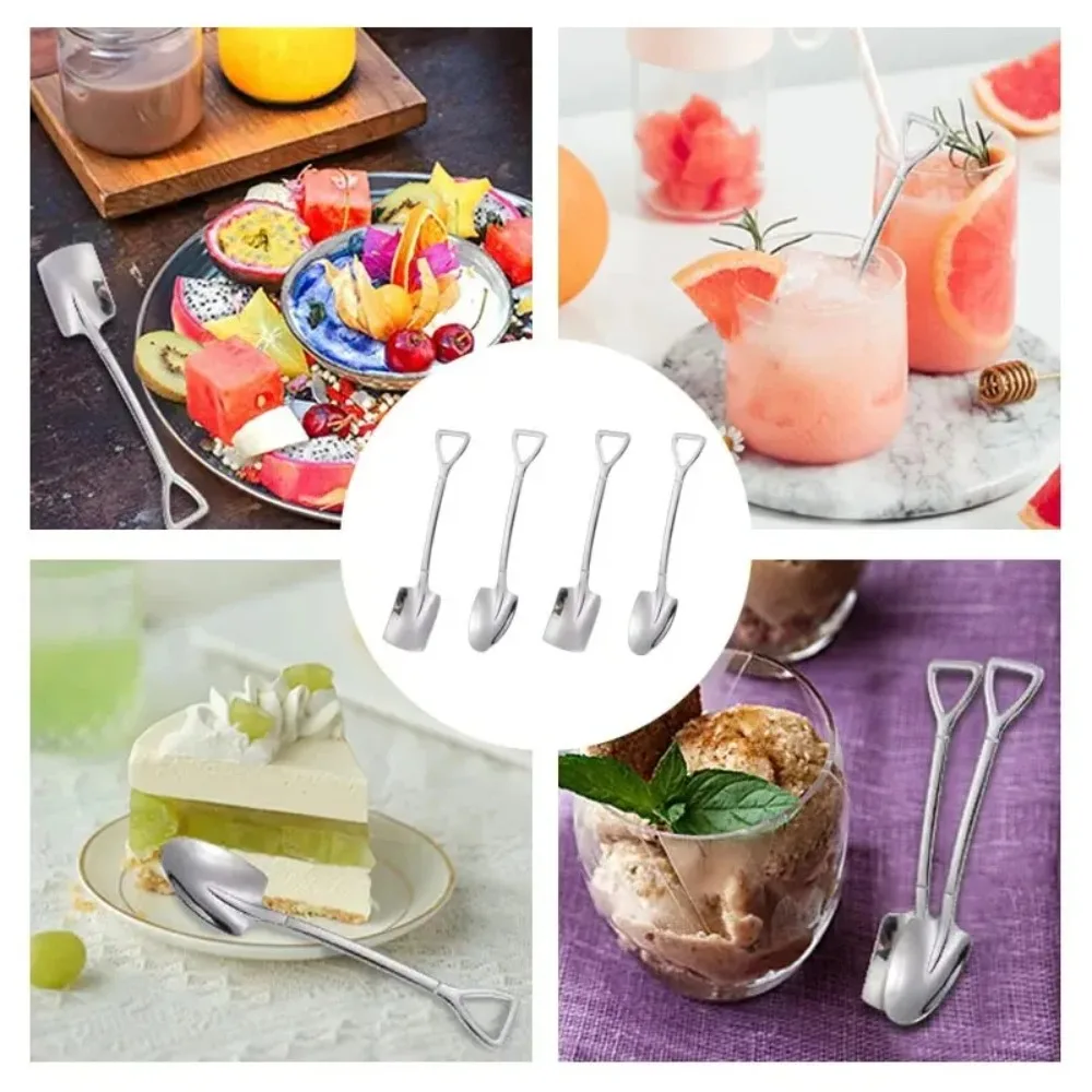 4PCS Shovel Spoon Stainless Steel Coffee Shovel Shape Pointed Mini Pudding Spoon Tea Sugar Yogurt Stirring  Ice Cream Spoon