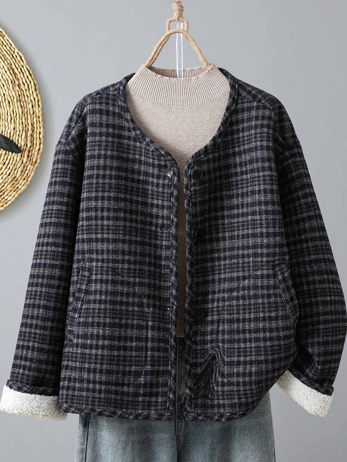 Koreaanse Sle Plus Size Fce Gevoerd Katoen Jaet Dames Warmte Gegarandeerd Geruit Ontwerp Casual Loose Fit Winterjas