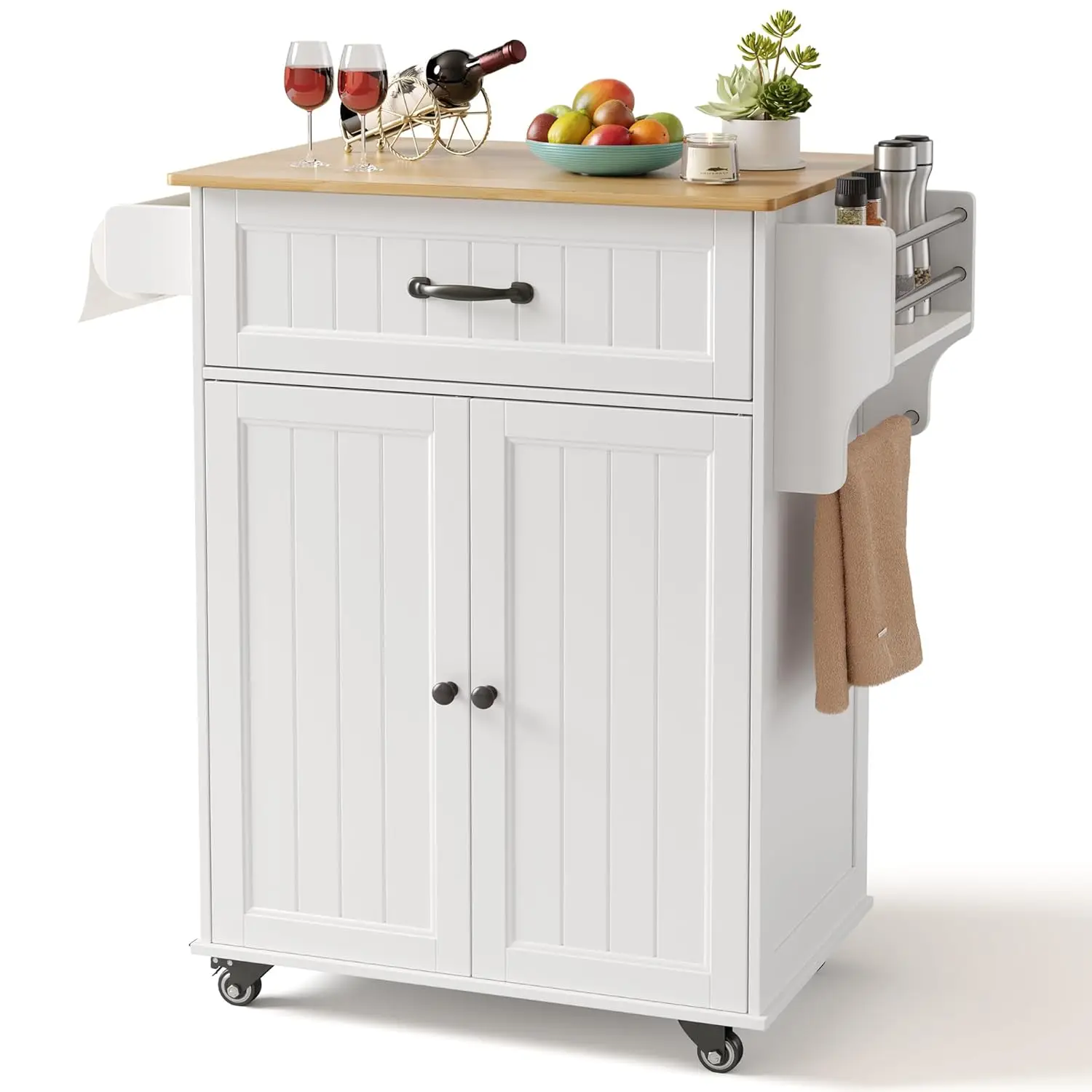 

Тележка для кухонного острова с регулируемой полкой, мобильная тележка на тележке мощностью 33 дюйма на металлических колесах с выдвижным ящиком и шкафом для хранения, полка для специй и