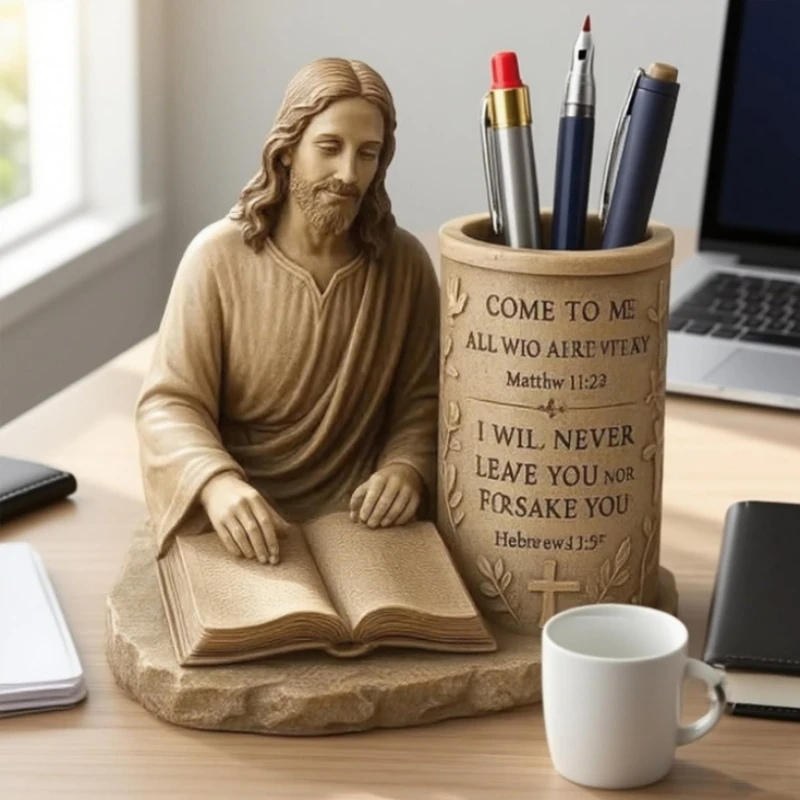 Jesus Pen Holder With Bible Verse,Pencil Holder Organizer Gifts for Office Desk Accessories Decor Faith Based Decoration Gifts