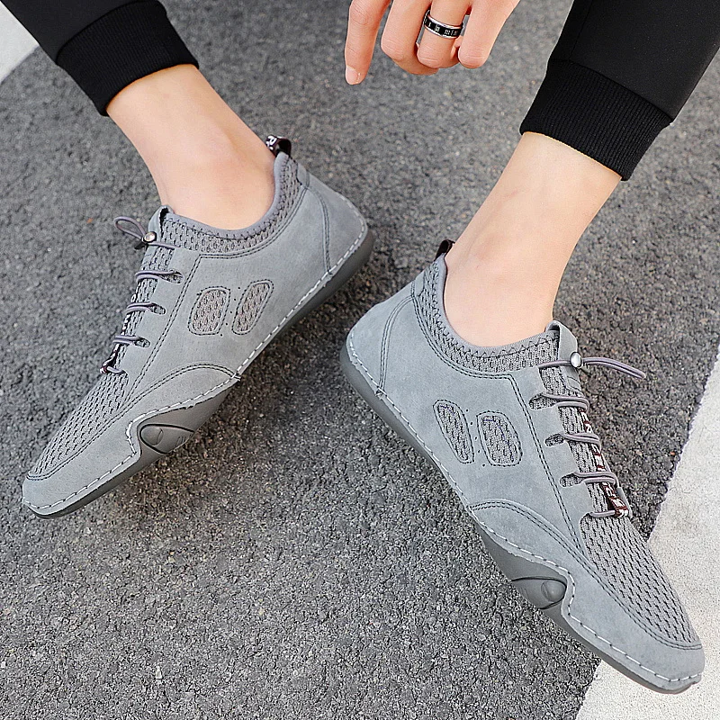 

Уличные дышащие мужские кроссовки, летняя модная повседневная обувь на плоской подошве с сеткой, мужская кожаная повседневная легкая обувь для отдыха