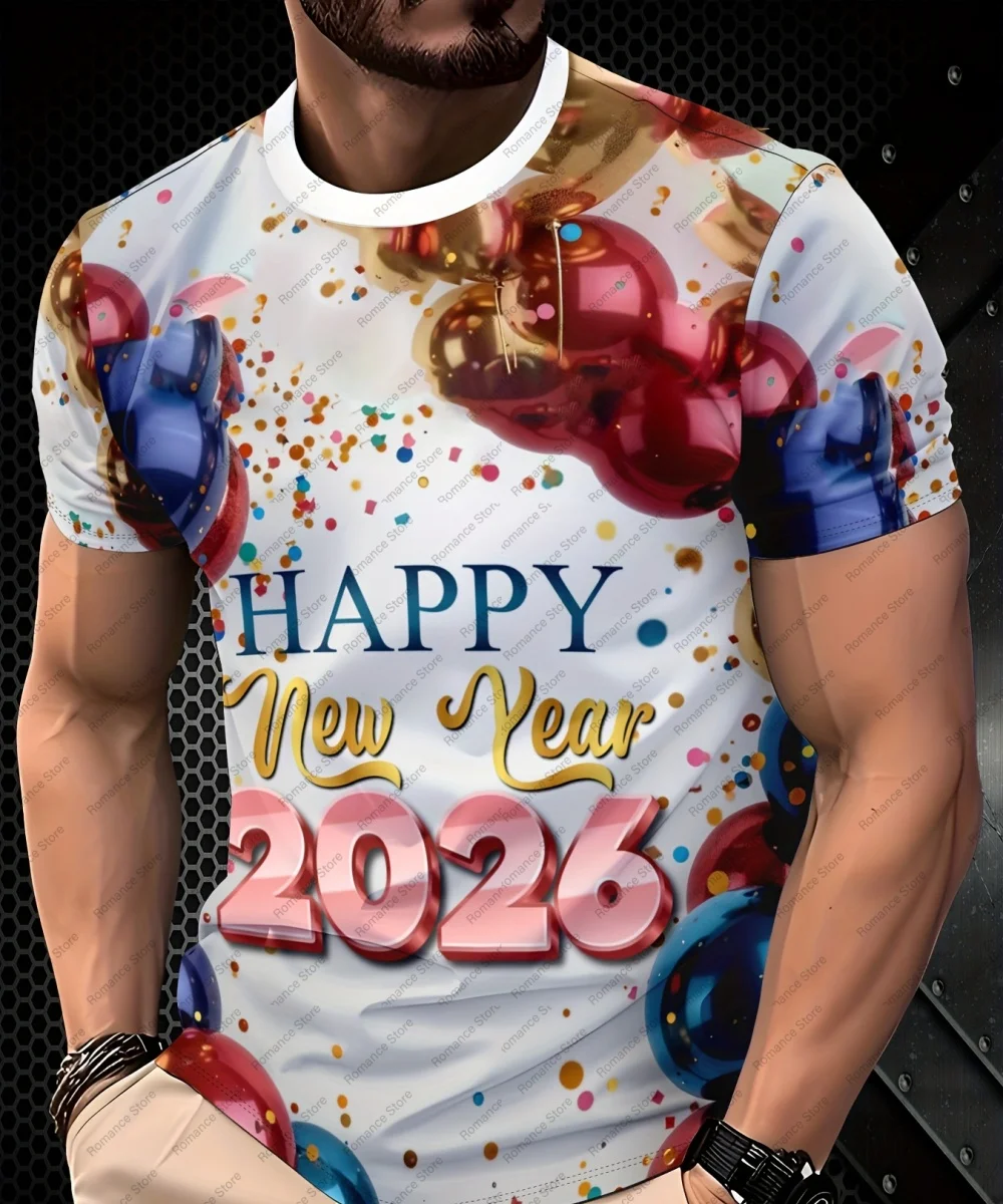 الرجال ثلاثية الأبعاد تي شيرت مطبوع سنة جديدة سعيدة 2026 تصميم الصيف عادية تي شيرت الشارع الشهير اليومية التي شيرت الرجال القمصان النسائية #3
