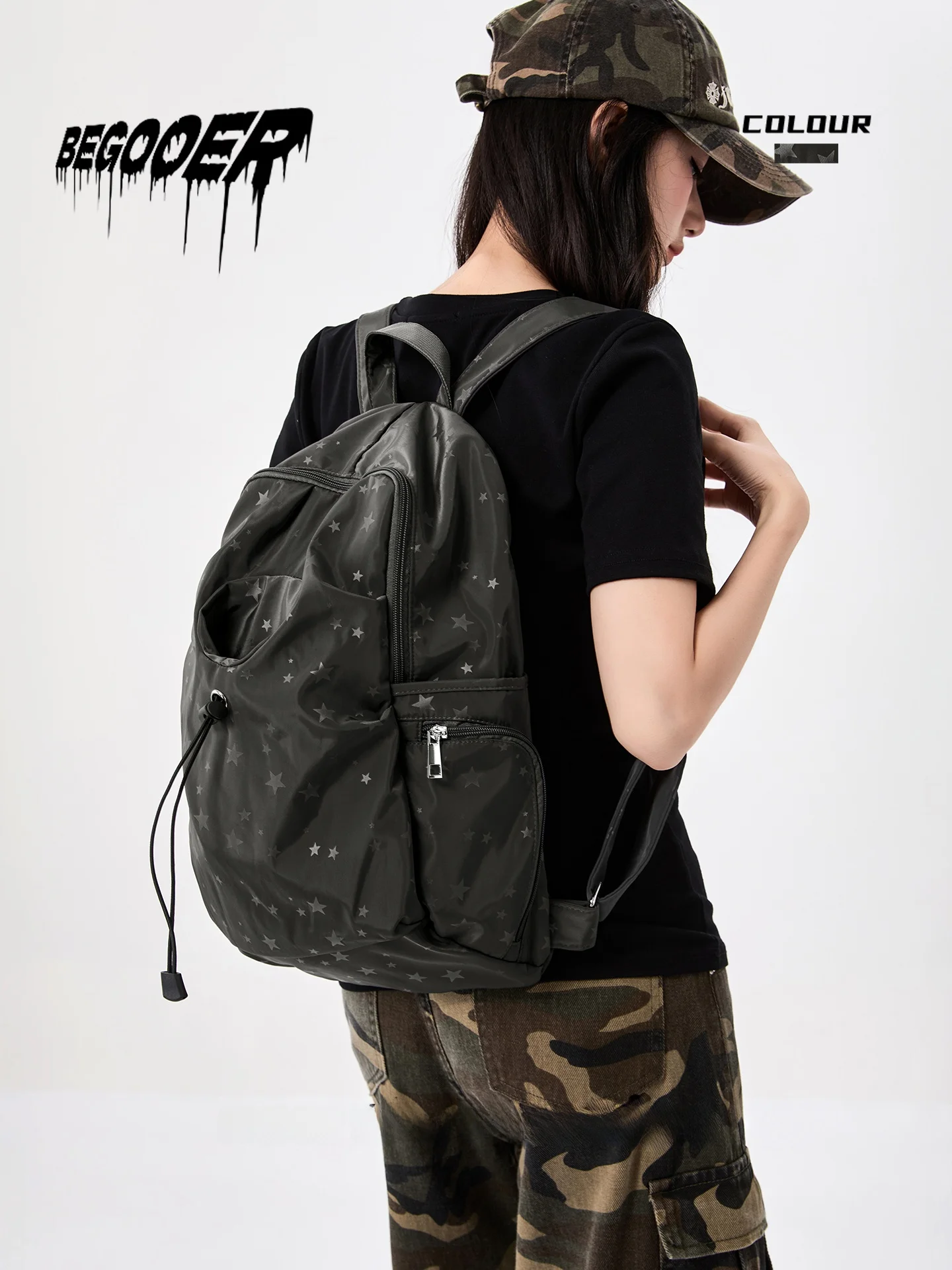 

BEGOOER Korean Style Star Drawstring Nylon Casual Lightweight Waterproof Women's Backpack Leisure Student Bookbag