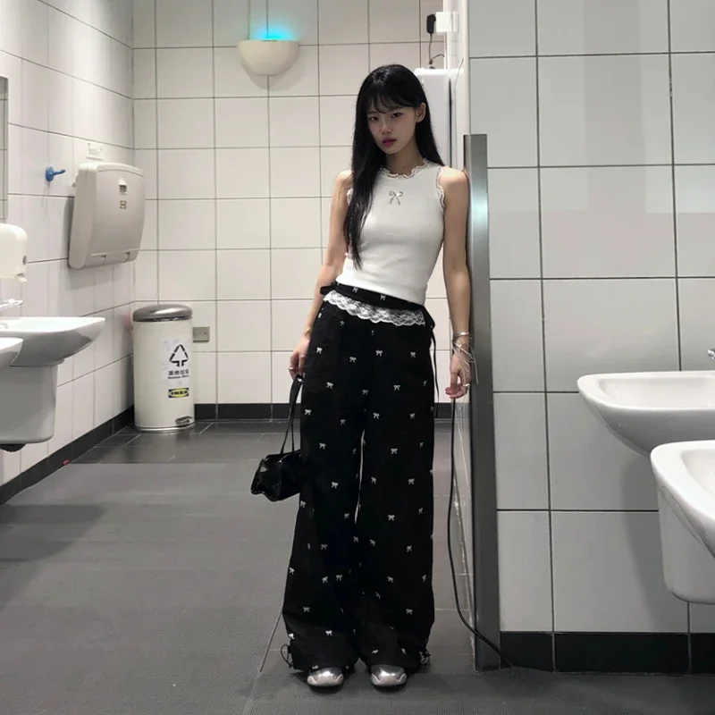 

Pop New Summer Women's Patchwork Bow And Lace Wide Leg Pants Slim And Loose Loose Pants Look Slim And Long