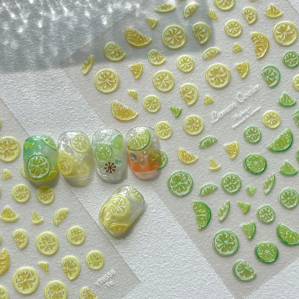 Summer Fruit Nail Stickers 5D Embossed Yellow Lemon Slices Self Adhesive Relief Decals for Girls Women DIY Nails Art Accessories