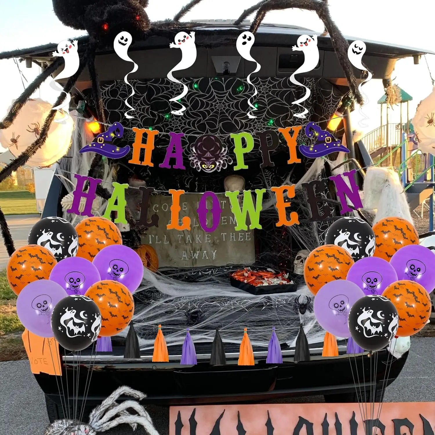 Kreat4joy Halloween Trunk or Treat Car Decorations Banner,  Swirls, Tassels, Spider Webs Cotton, Printed Balloons Party Supplies