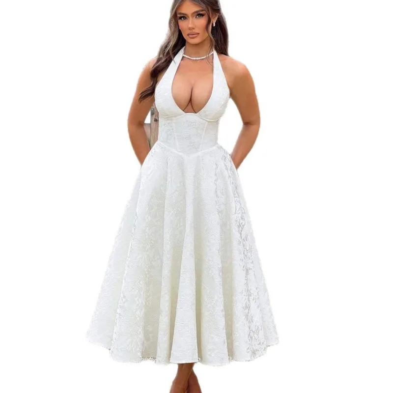 Elegant VคอHalter Tie-Up Jacquard Partyชุดผู้หญิงBackless A-Lineค็อกเทลพรหมGownsเซ็กซี่เสื้อคลุมใหม่ยาวVestidos