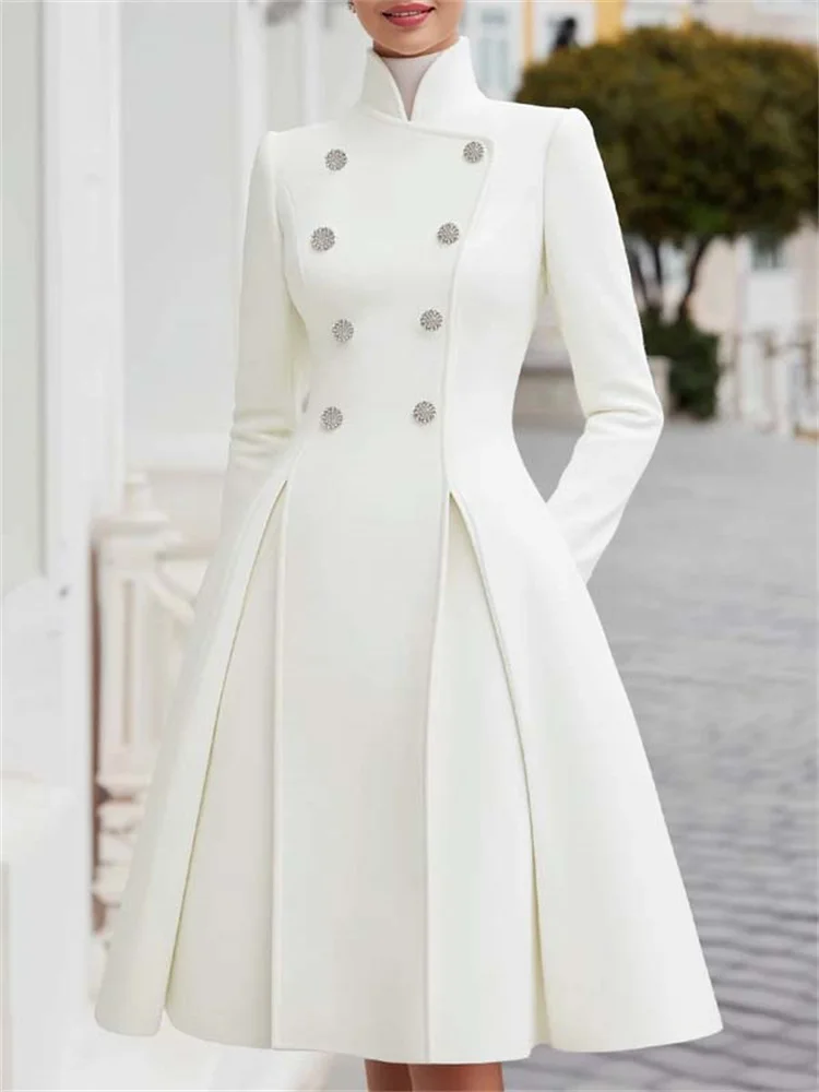 Yeezzi Damen-Midikleid im britischen Stil mit Knöpfen, Stehkragen, langen Ärmeln, hoher Taille, plissiert, Abendkleid, A-Linie