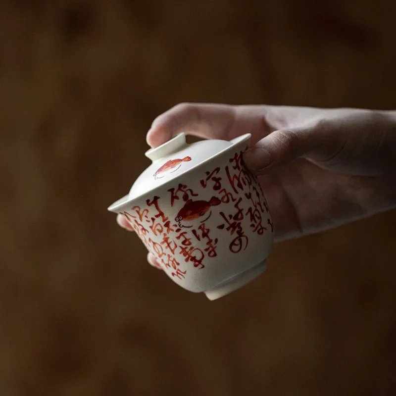 130ML Soda Glaze Cover Bowl Open Piece Can Raise Tea Bowl Household Small Gaiwan Underglaze Poetry Cover Bowl Holder Teaware