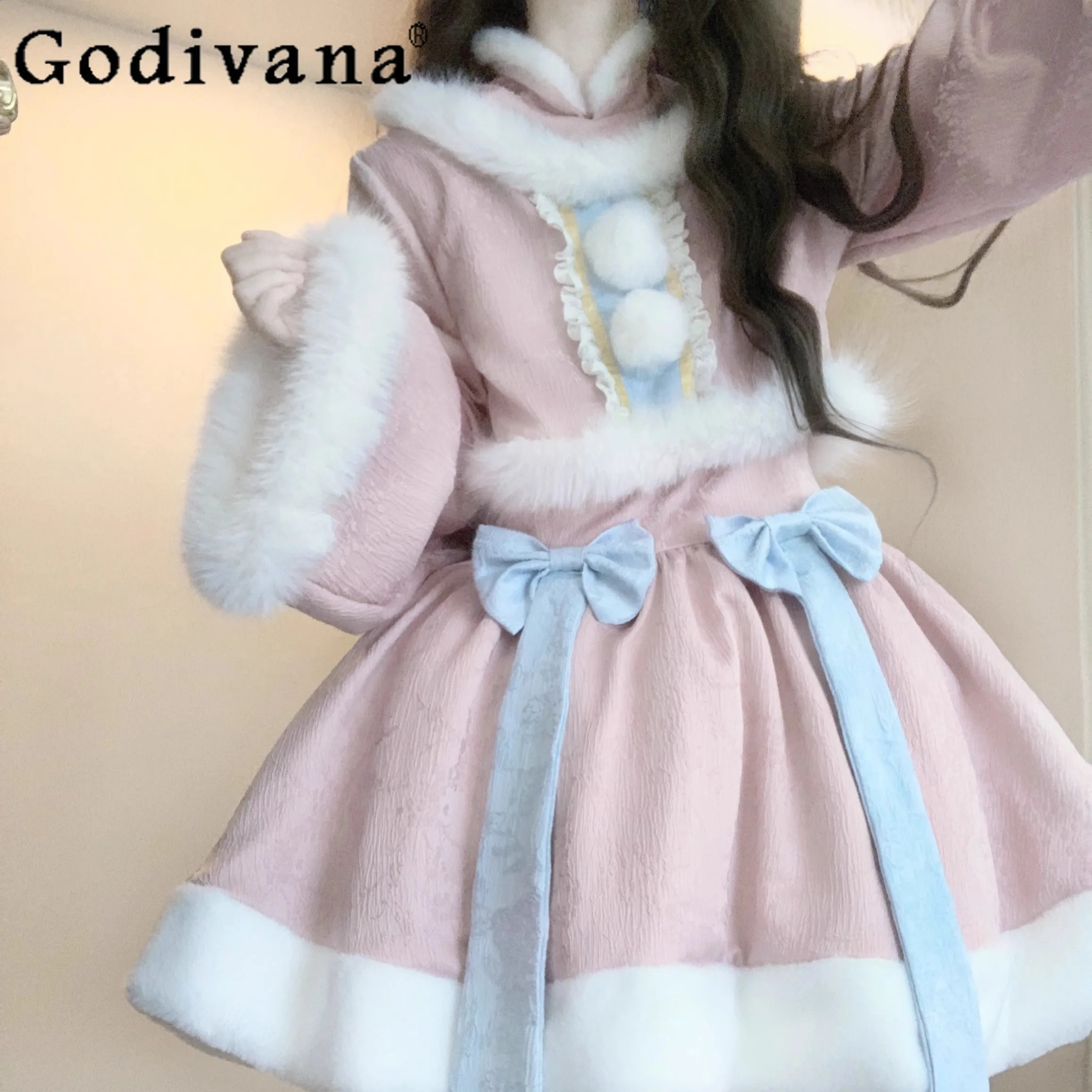 

Gentle Fake Two-piece Commuter Lightweight Long-sleeved Thickened Dress Sweet and Cute Kawaii Short Pink Dress