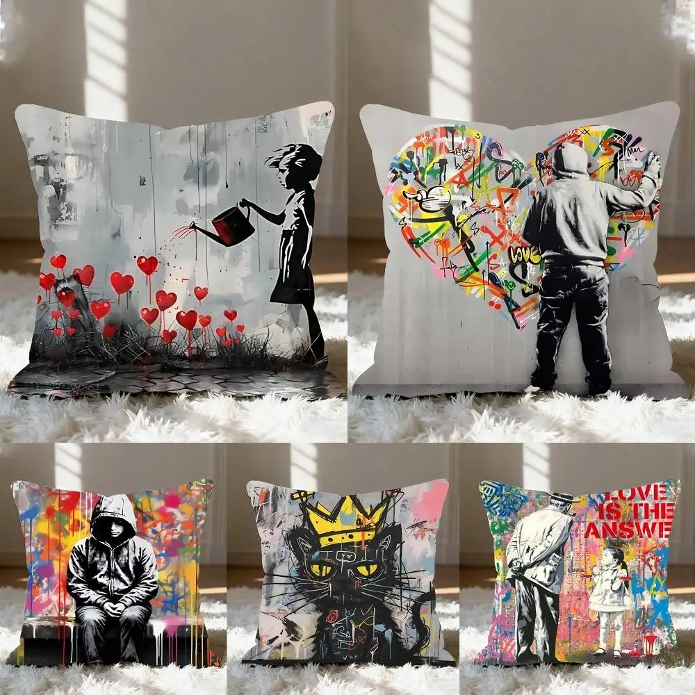 Banksy Street Graffiti Pillow Case Cushion Cover Soft Cute Throw Pillow Case For Car Sofa Pillowcase Polyester With Zipper