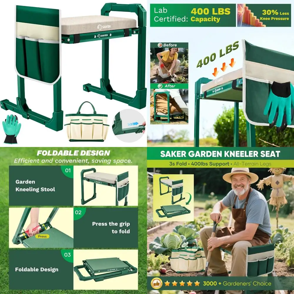 

Складной садовый табурет с выдвижными ножками, утолщенная подушка, сумка для хранения инструментов, прочная опора для удобного садоводства