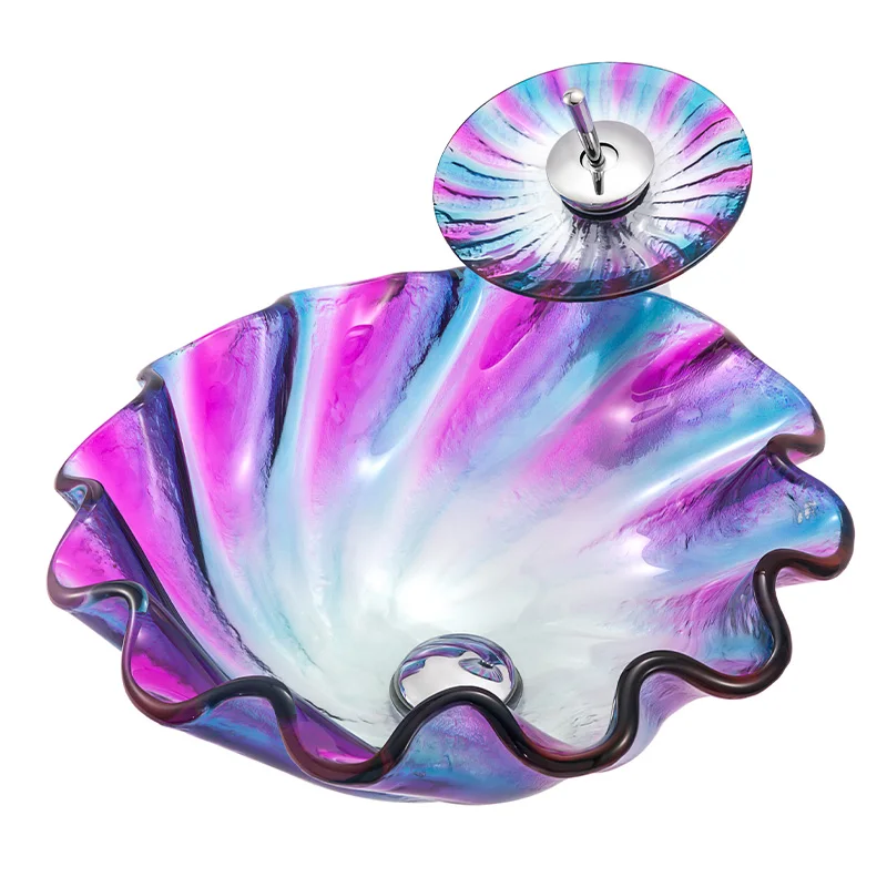 New Design Art Pink Flower Shape Faux Glass Sink Cheap Price Hotel Mirror and Cabinet Bathroom Colored Washbasin
