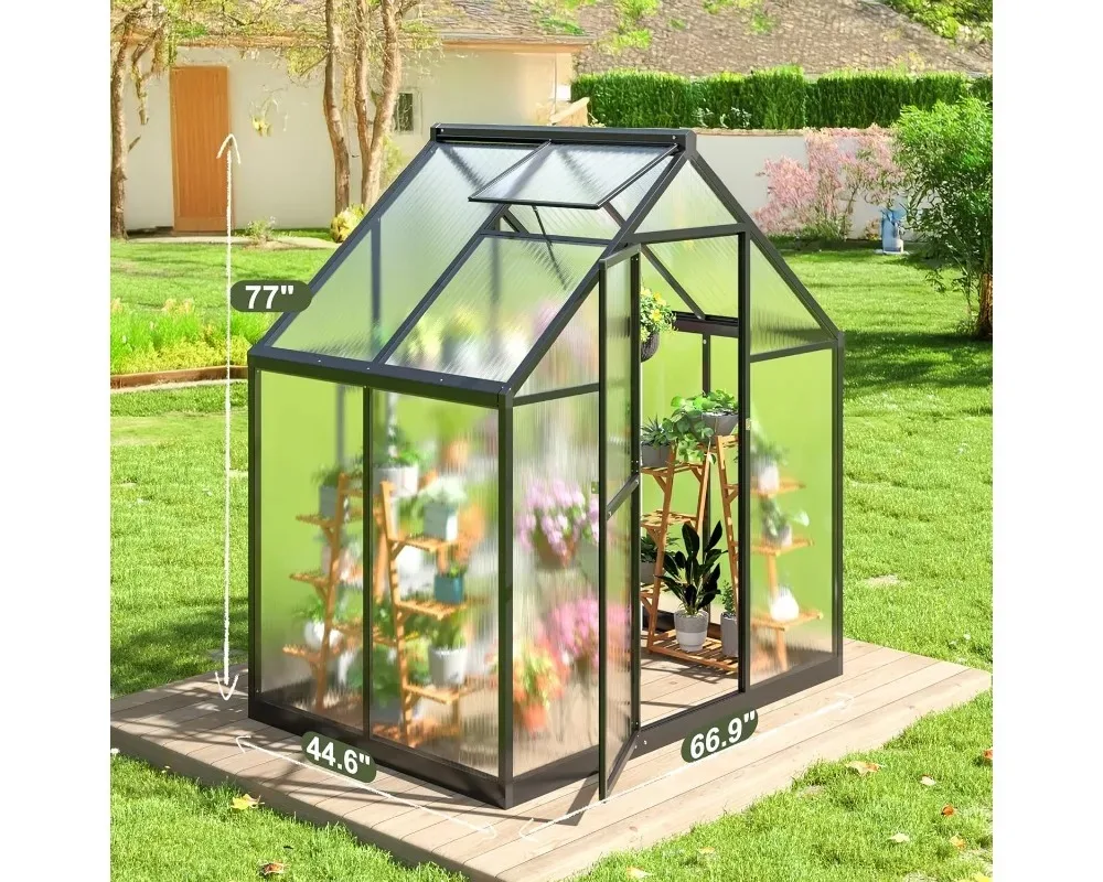 دفيئة خارجية مقاس 4 × 6 أقدام مع فتحة سقف، هيكل بولي كربونات سريع الإعداد للفناء الخلفي للحديقة، أسود