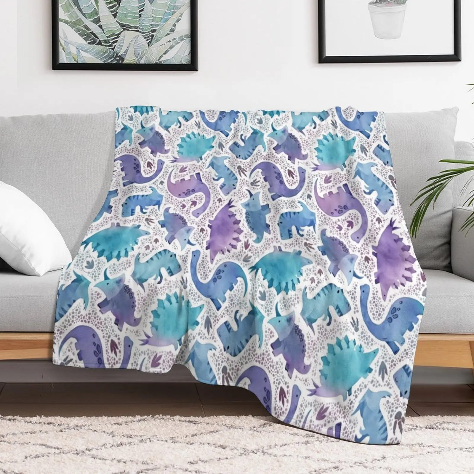 Watercolor dinosaur purple and blue on navy Throw Blanket For Sofa Thin manga Sofa Quilt Single Blankets