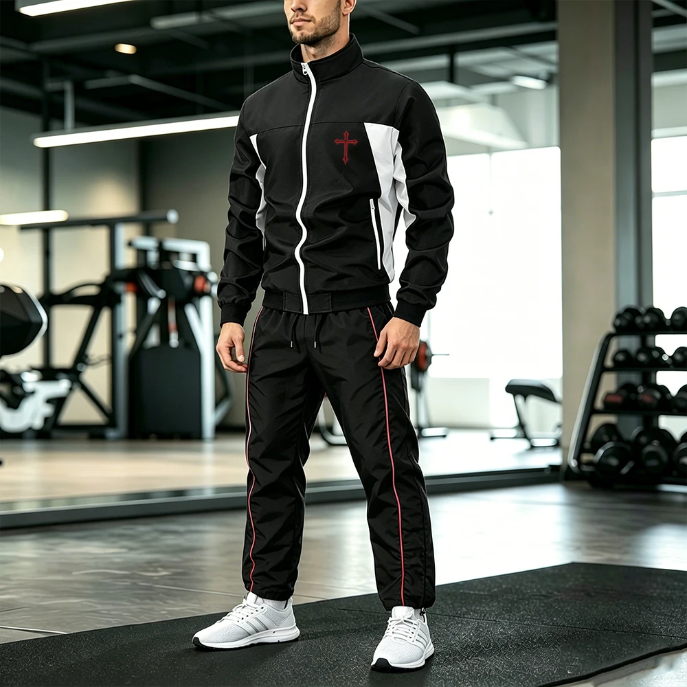 

Men's Casual Color Block Track Suit Stand Collar Zip Jacket Striped Drawstring Sweatpants 2 Pieces Gothic Spiky Cross Print