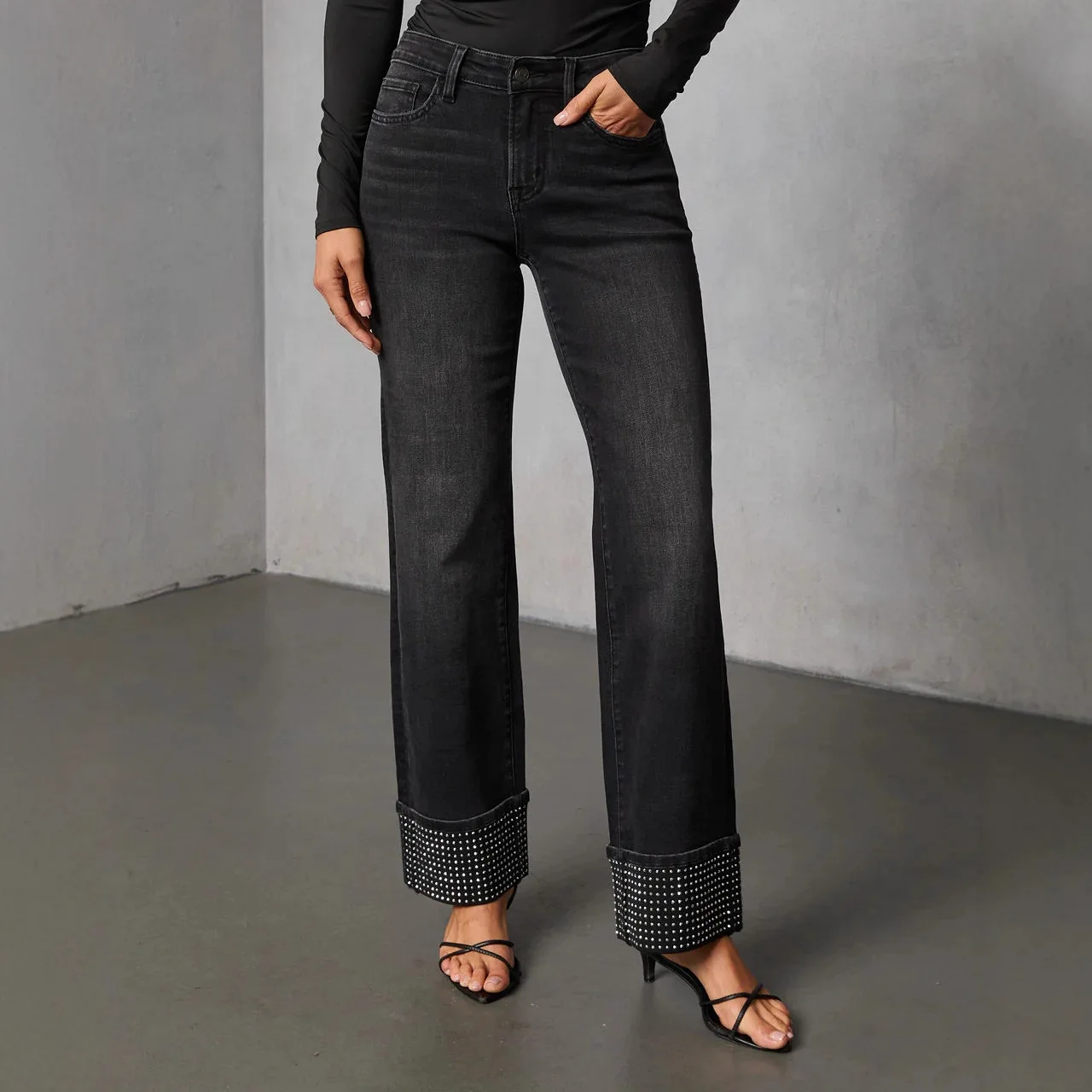 Women's Fashion Casual Washable Rhinestone Straight-Leg Jeans 2026 Spring European American Style Office Cropped Wide-Leg Pants