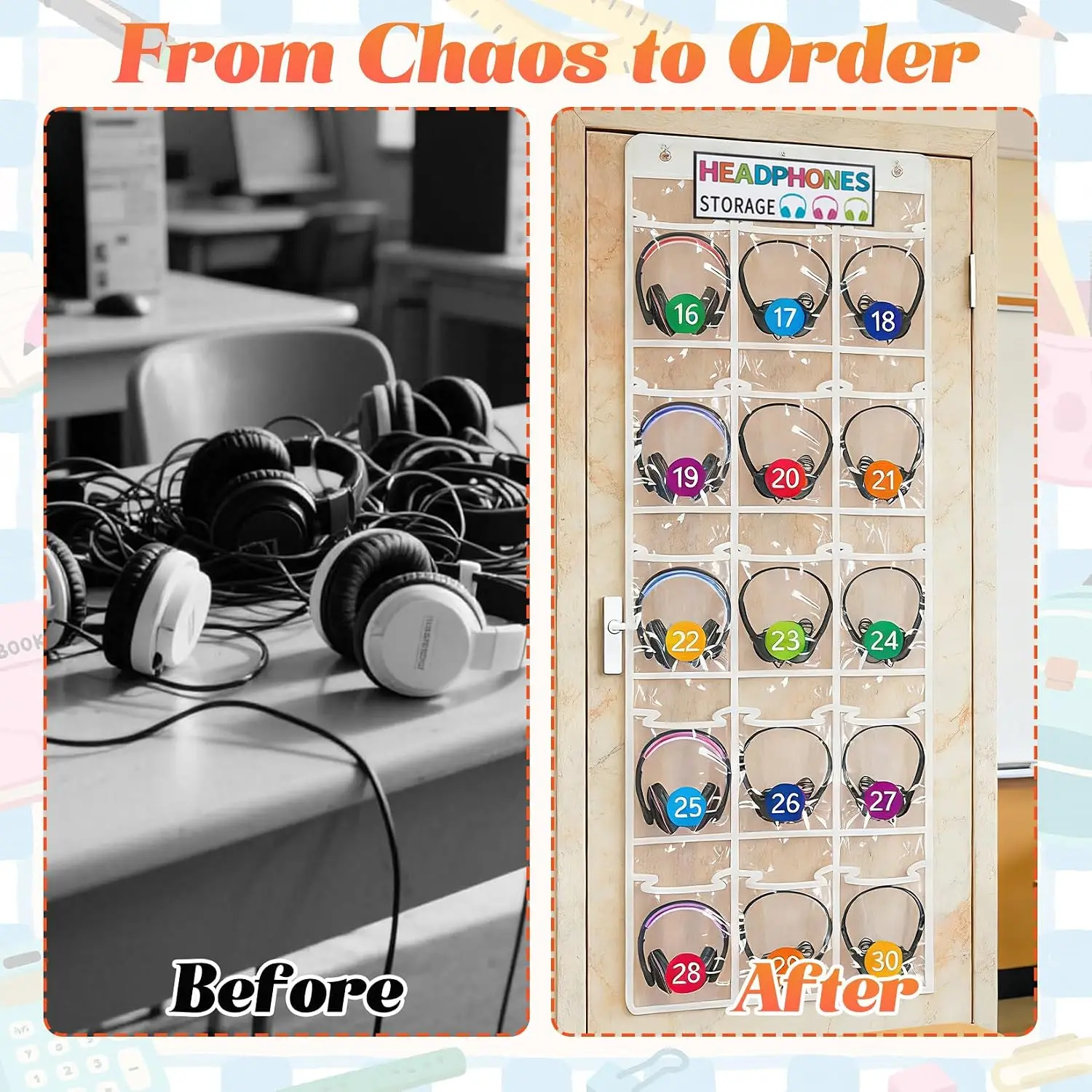30-Pocket Over-the-Door Hanging Organizer for Study Room Storage – Clear PVC Pockets, Number Labels, 6 Hooks – Ideal for Headphones, Cell Phones, Calculators – Study Area & School Use –