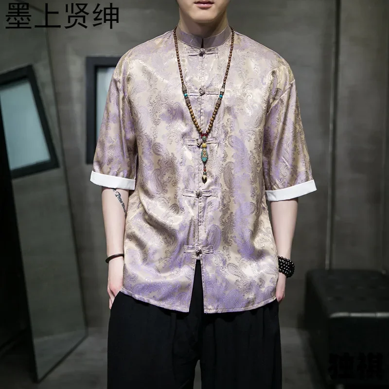 

Men Chinese Style Clothing Tang Suit Jacquard Half Sleeve Shirt Kung Fu Coats Spring Summer Loose Satin Blouse Men Shirt