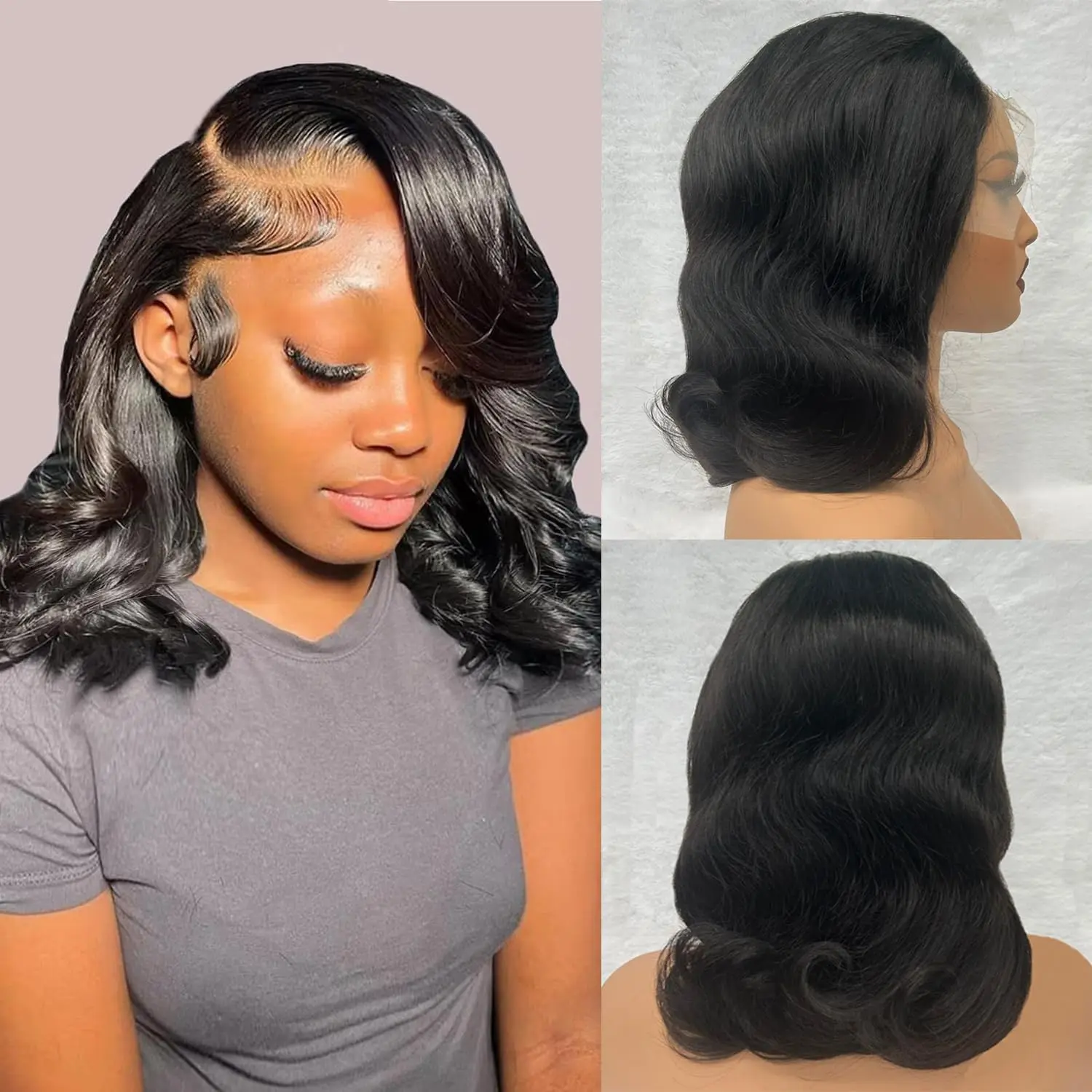 13x6レースフロントウィッグ人毛ショートボブウィッグボディウェーブ5x5 HDレースフロントクロージャーウィッグブラジルバージンヘアナチュラルブラックカラー