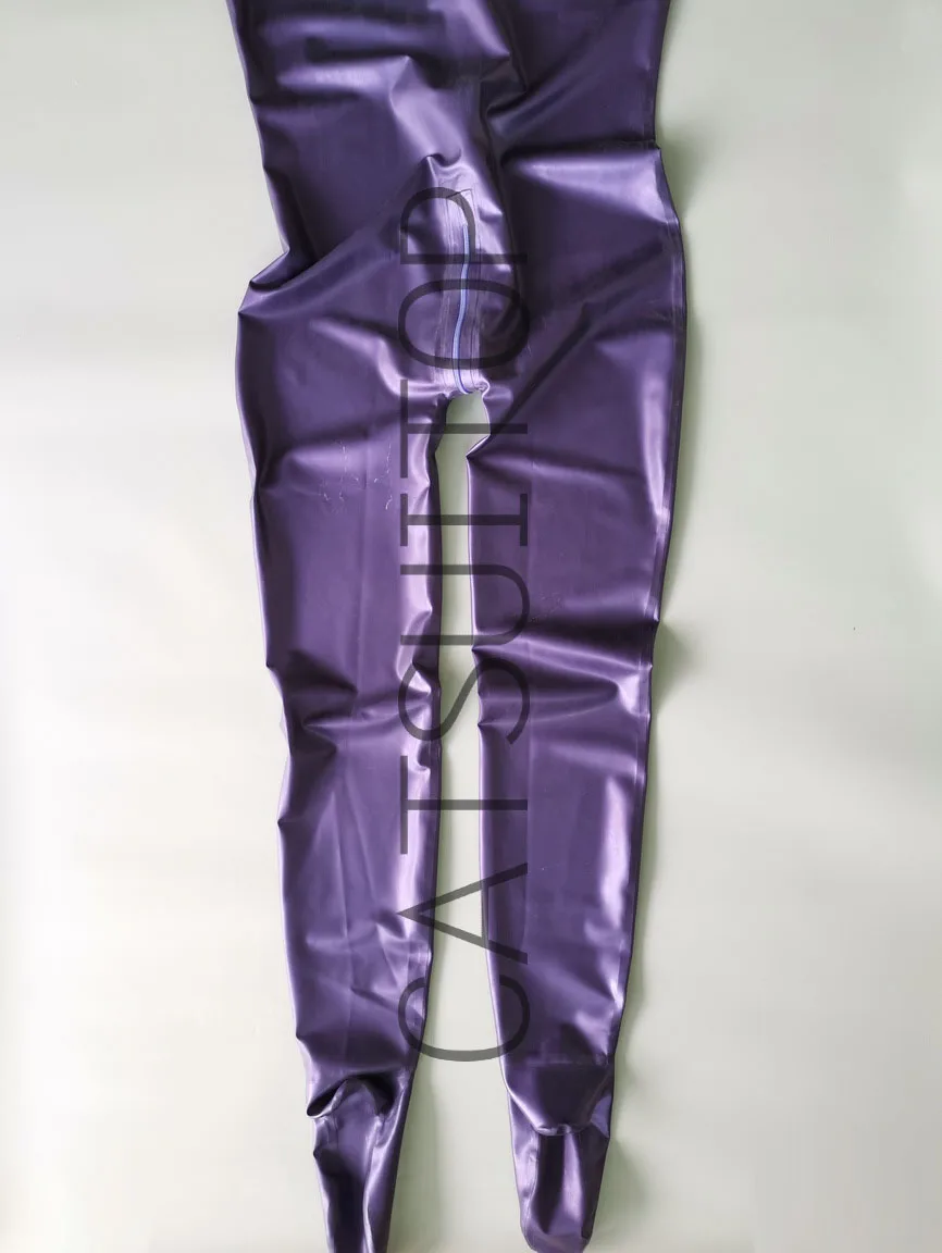 New arrived men's latex jumpsuit rubber catsuit with cap in metallic purple sleeveless