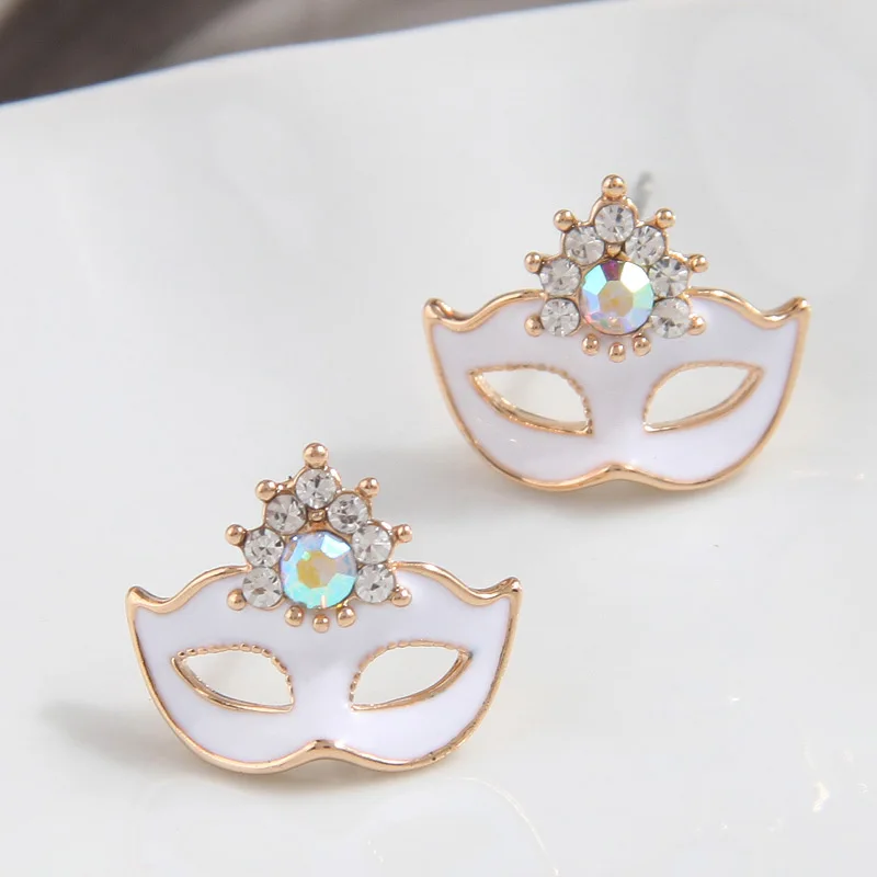 Kymyad Korean Style Crystal Stud Earrings for Women Gold Color Enamel Mask Women\'s Earring Statement Luxury Gift Jewelry