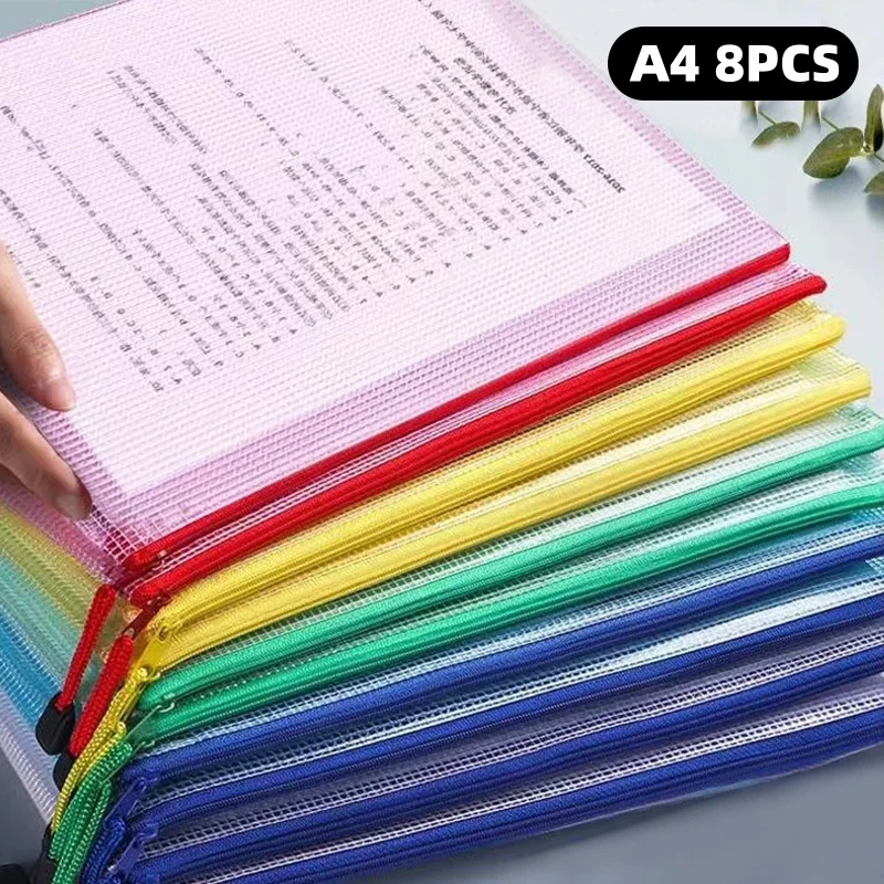 

8 Waterproof Mesh Zipper Bags, A4 File Bags, For Organizing Checkerboard Documents, Test Papers And Stationery