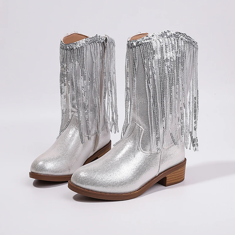 Children Boots Versatile Tassels Pink Elegant 2026 New Performance Girls Boots Low Heels Shiny Solid Color Britain Princess Boot