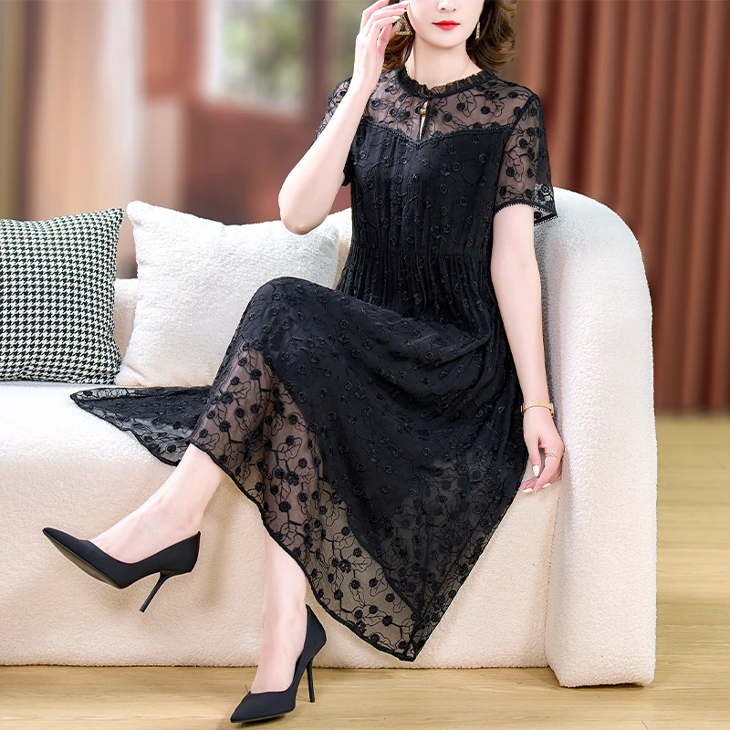 

Spring 2024 New Women's Black Lace Hooked Flower Dress Large Loose Tight Silk Long Dress Elegant Party Dress Vestidos