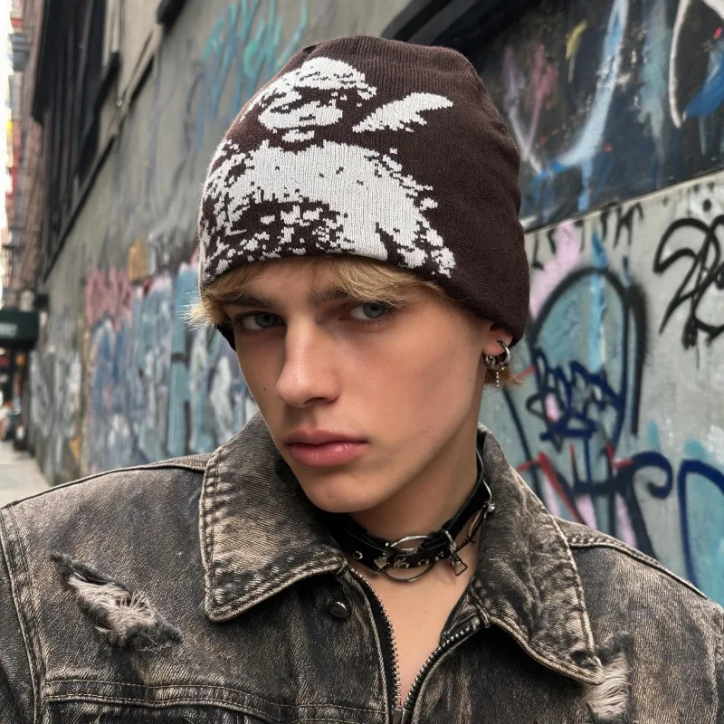 Winter Warm Knit Cold Hat Angel Jacquard Short Hip-hop Fashion Outdoor Windproof Skiing Streetwear Slouchy Beanie