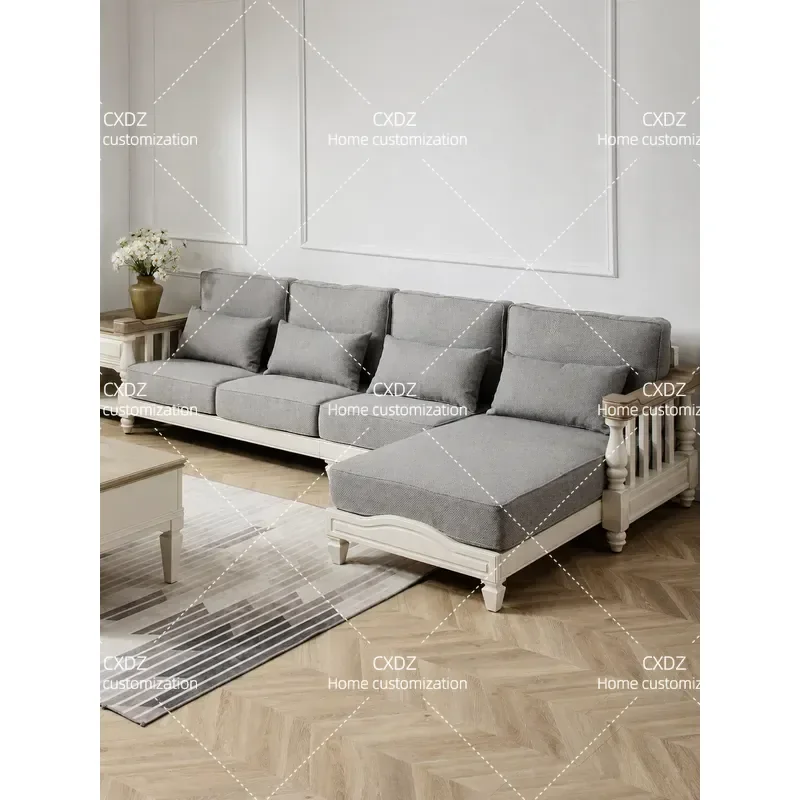 L Shaped Corner Sofa Set Solid Wood Fabric Couch Retro Style Small Living Room Furniture for Home