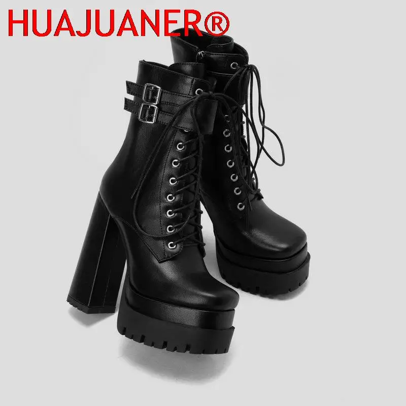 Doppel plattform Frauen Punk Stiefel Square Toe Super High Heel Stiefeletten Schnürung Reiß verschluss Motorrads tiefel Herbst Winter Damenschuhe