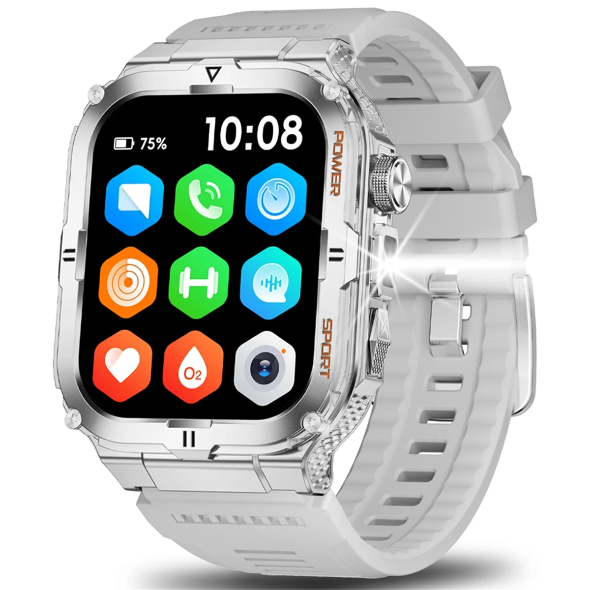 POP-lMen's Smartwatch 블루투스 통화 추적기 스포츠 시계 디지털 피트니스 Smartwatch LED 손전등 실버 실리콘