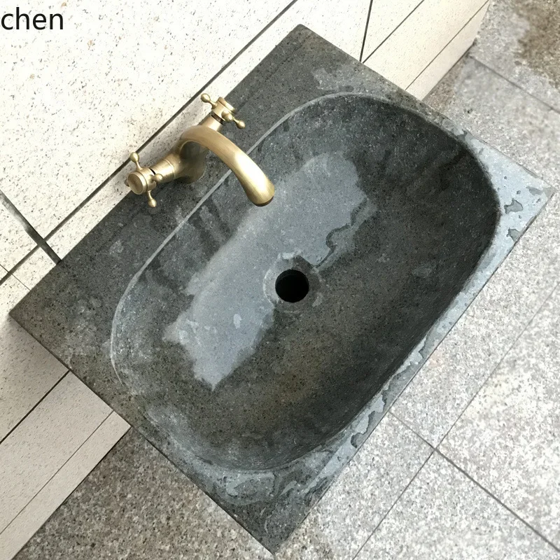 Retro Stone Pedestal Basin Stone Art Washbasin Integrated Bathroom Sink Balcony Courtyard Water Basin