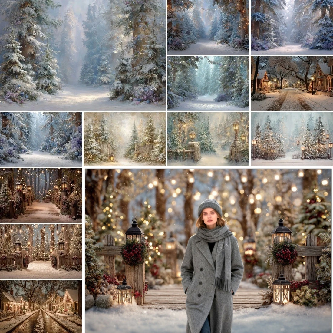 

MOON.QG Christmas Winter Fairy Snow Forest Photo Backgrounds For Photography Studio Backdrops House Green Pine Tree Photozone