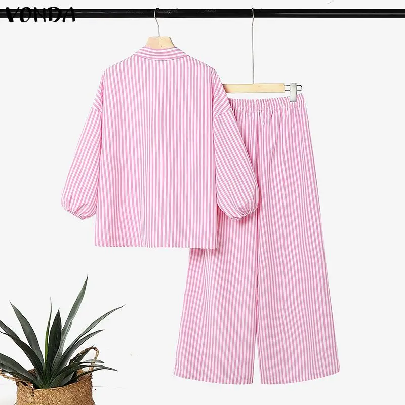 VONDA Casual Summer Vacation Suits Two Piece Striped Outfit Women 3/4 Lantern Sleev Lapel V-Neck Blouse Wide Leg Pant Sets 5